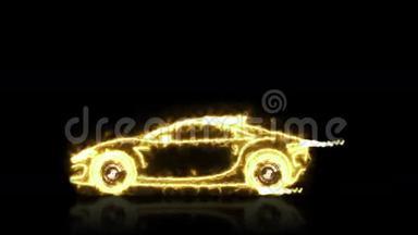 用黑色孤立未来主义背景的光束线框制作的<strong>金色</strong>未来主义超级<strong>汽车</strong>抽象动画